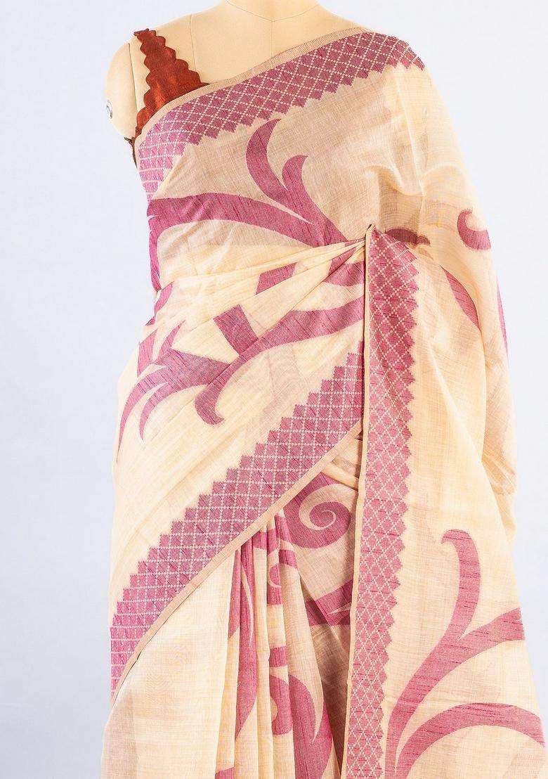Cream Woven Art Chanderi Cotton Saree With Floral Motifs With Buttas And Brocade Design For Women - Indya