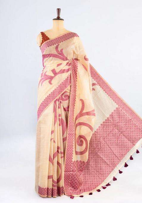 Cream Woven Art Chanderi Cotton Saree With Floral Motifs With Buttas And Brocade Design For Women