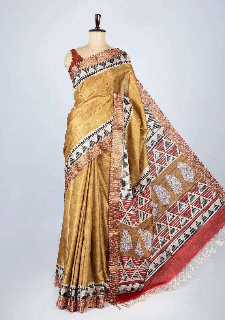 Beige Woven Art Tussar Silk Saree With Printed Floral Motifs For Women - Indya