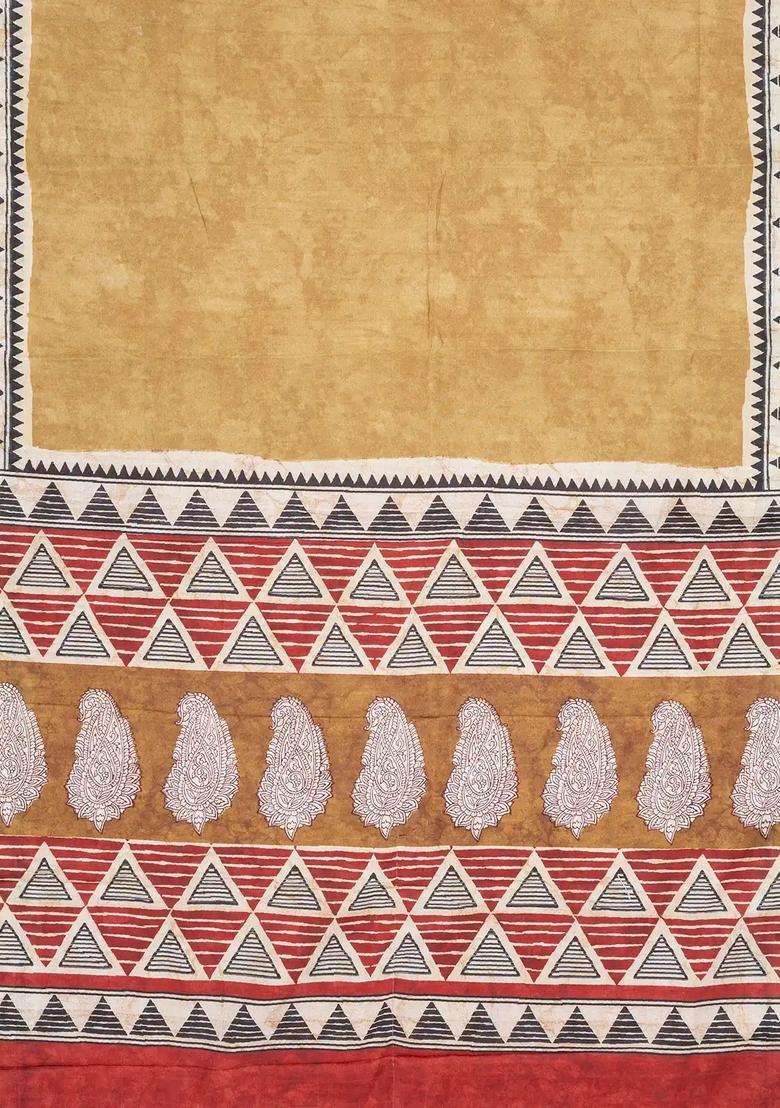 Beige Woven Art Tussar Silk Saree With Printed Floral Motifs For Women - Indya