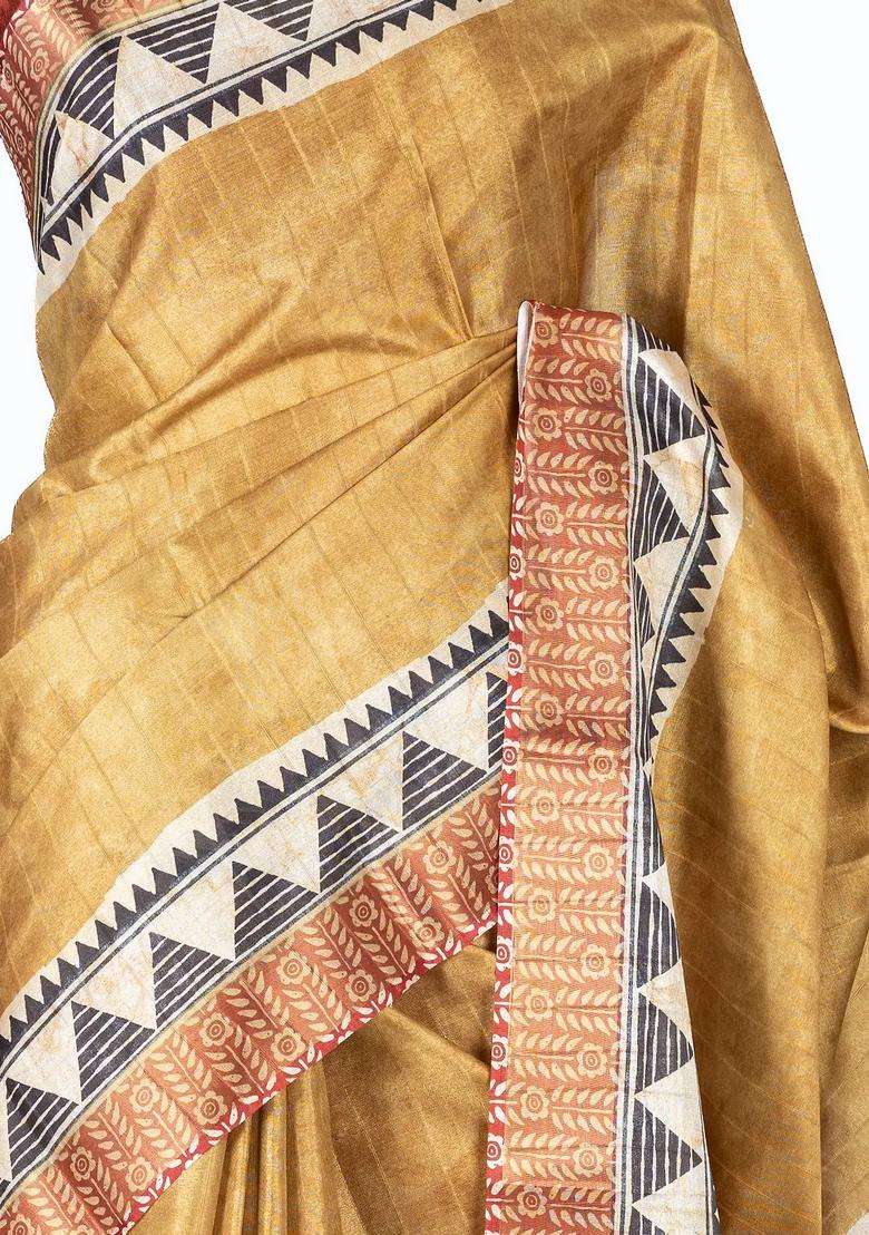 Beige Woven Art Tussar Silk Saree With Printed Floral Motifs For Women - Indya