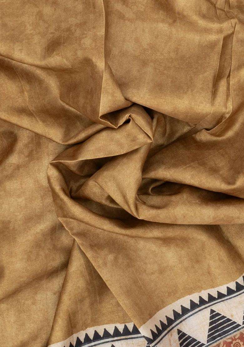 Beige Woven Art Tussar Silk Saree With Printed Floral Motifs For Women - Indya