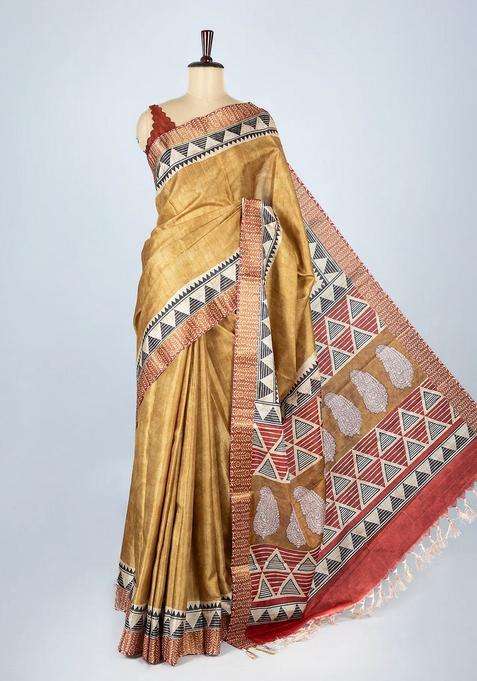 Beige Woven Art Tussar Silk Saree With Printed Floral Motifs For Women