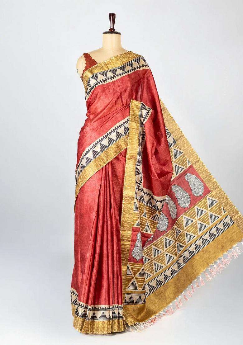 Dusty Peach Woven Art Tussar Silk Saree With Printed Floral Motifs For Women - Indya
