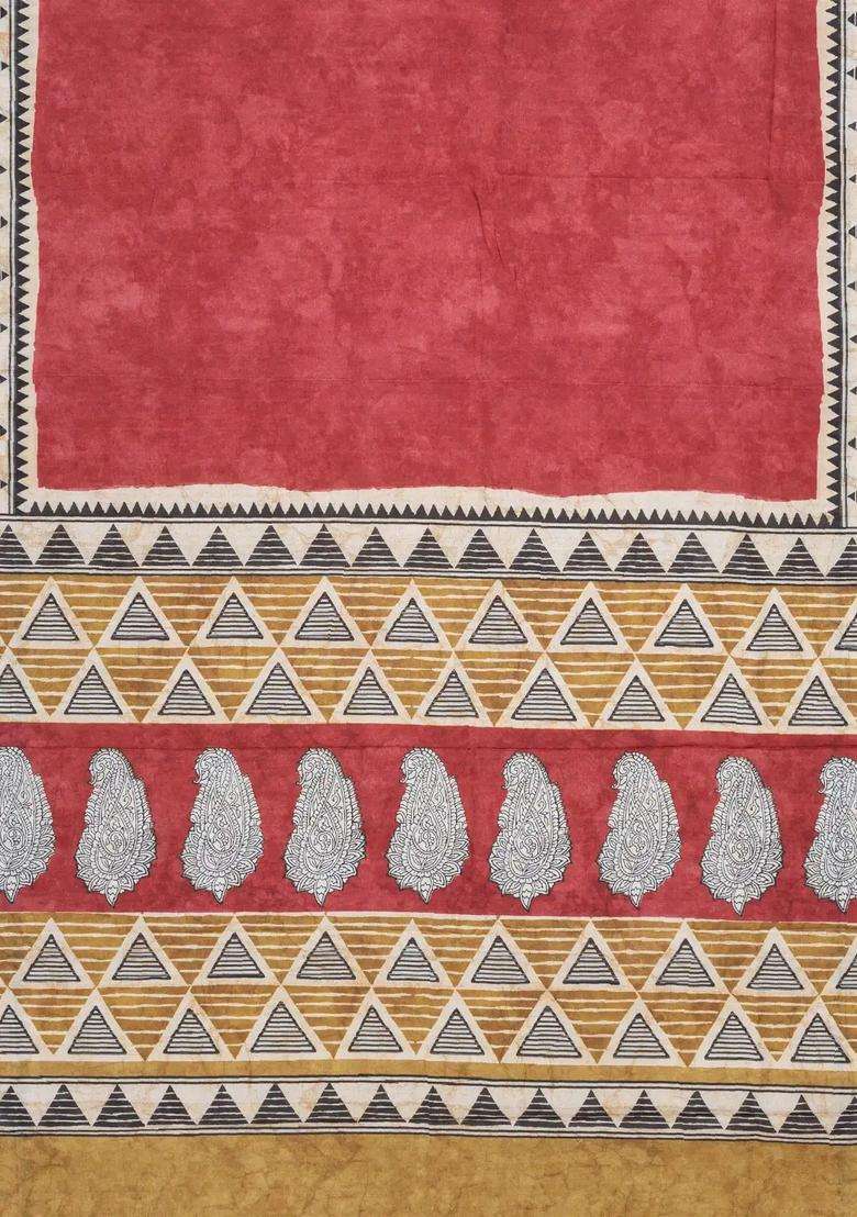 Dusty Peach Woven Art Tussar Silk Saree With Printed Floral Motifs For Women - Indya