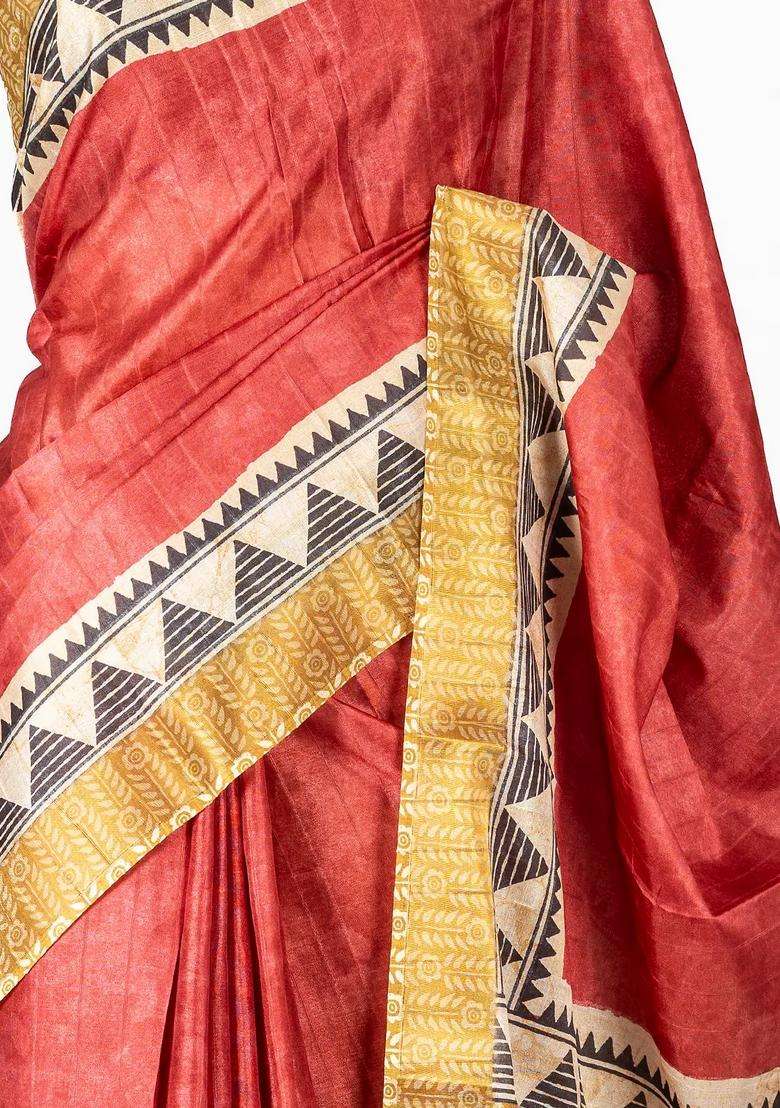 Dusty Peach Woven Art Tussar Silk Saree With Printed Floral Motifs For Women - Indya