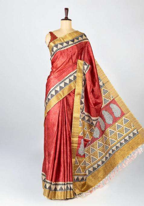 Dusty Peach Woven Art Tussar Silk Saree With Printed Floral Motifs For Women