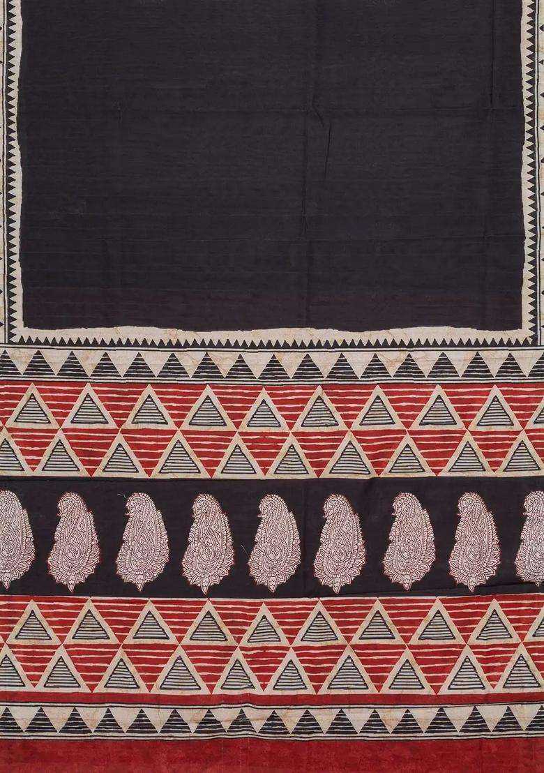 Black Woven Art Tussar Silk Saree With Printed Floral Motifs For Women - Indya
