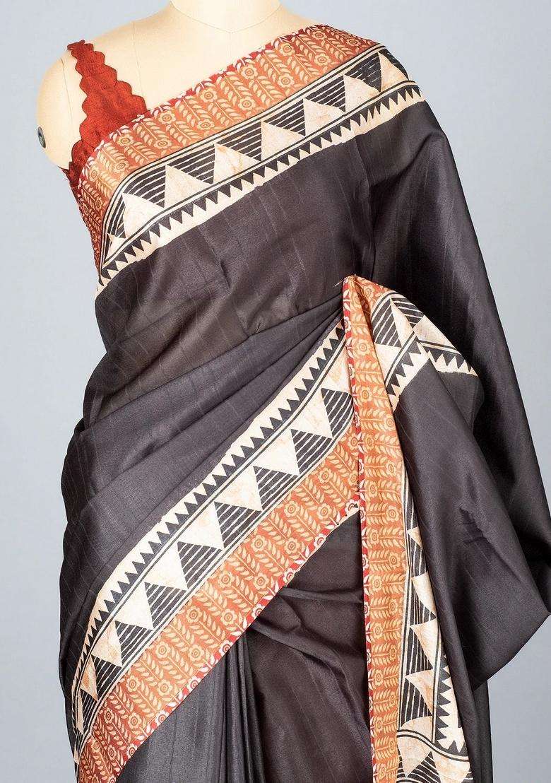 Black Woven Art Tussar Silk Saree With Printed Floral Motifs For Women - Indya