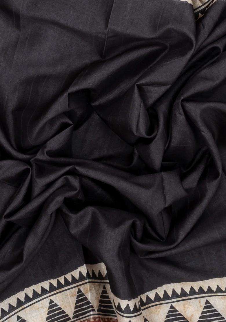 Black Woven Art Tussar Silk Saree With Printed Floral Motifs For Women - Indya