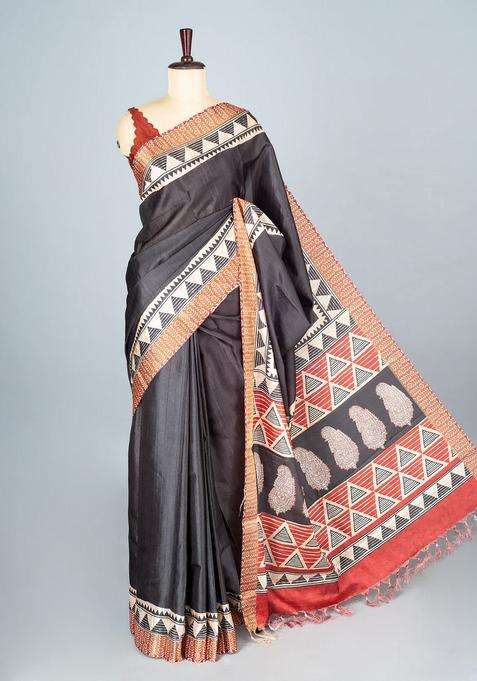 Black Woven Art Tussar Silk Saree With Printed Floral Motifs For Women