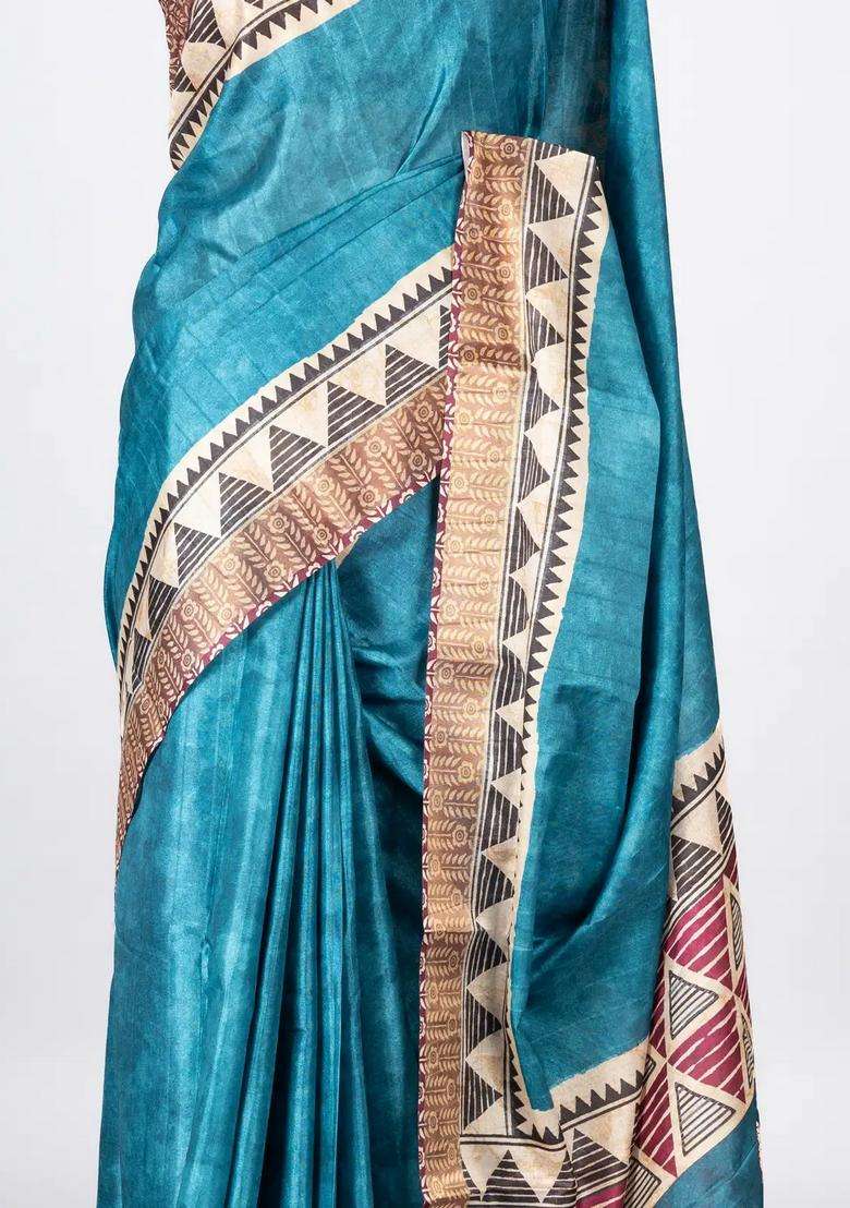 Blue Woven Art Tussar Silk Saree With Printed Floral Motifs For Women - Indya