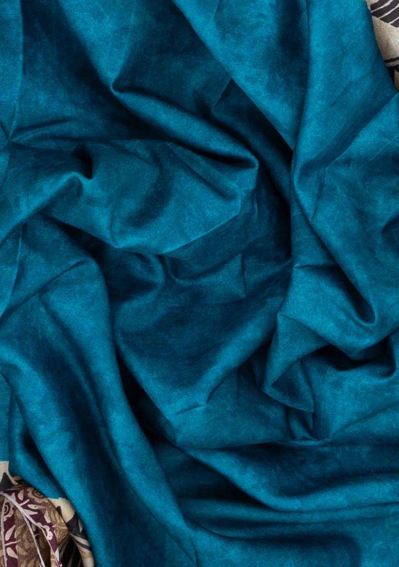 Blue Woven Art Tussar Silk Saree With Printed Floral Motifs For Women - Indya