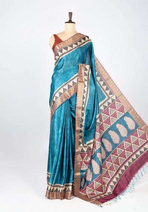 Blue Woven Art Tussar Silk Saree With Printed Floral Motifs For Women