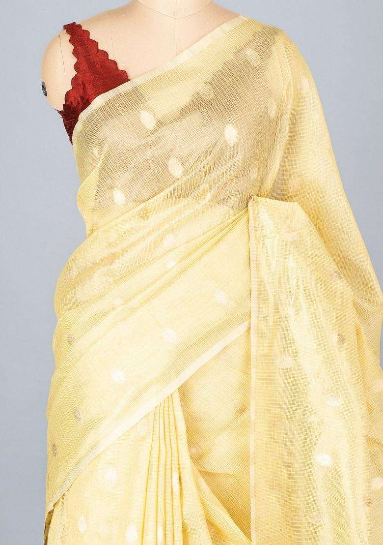 Yellow Woven Synthetic Supernet Tissue Saree With Floral Motifs With Buttas And Brocade Design For Women - Indya