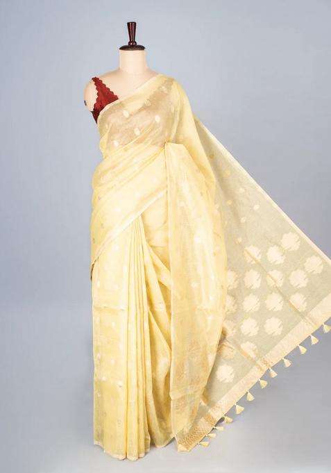 Yellow Woven Synthetic Supernet Tissue Saree With Floral Motifs With Buttas And Brocade Design For Women