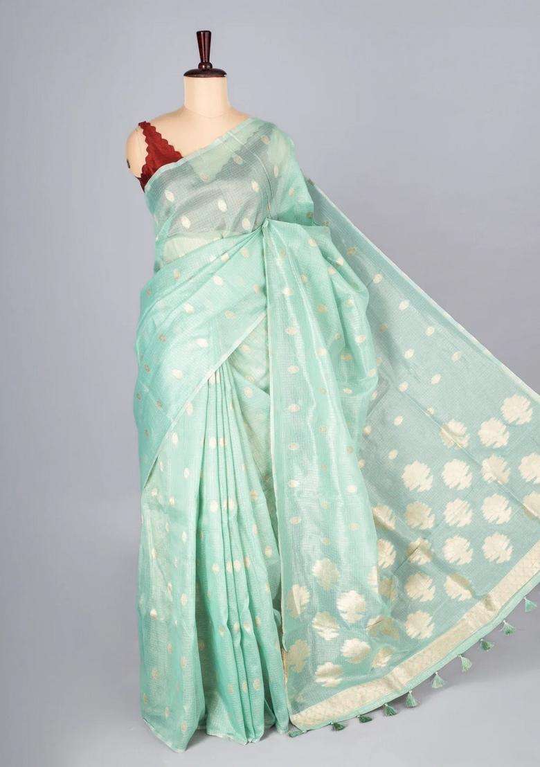 Turquoise Woven Synthetic Supernet Tissue Saree With Floral Motifs With Buttas And Brocade Design For Women - Indya