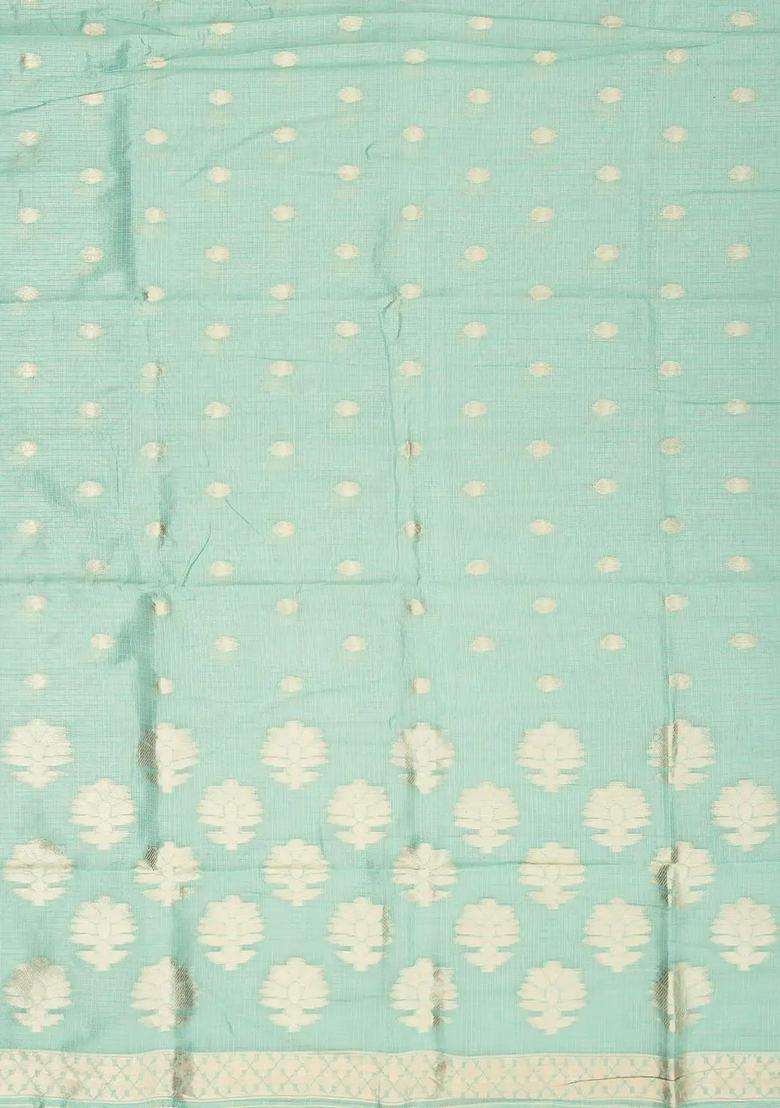 Turquoise Woven Synthetic Supernet Tissue Saree With Floral Motifs With Buttas And Brocade Design For Women - Indya