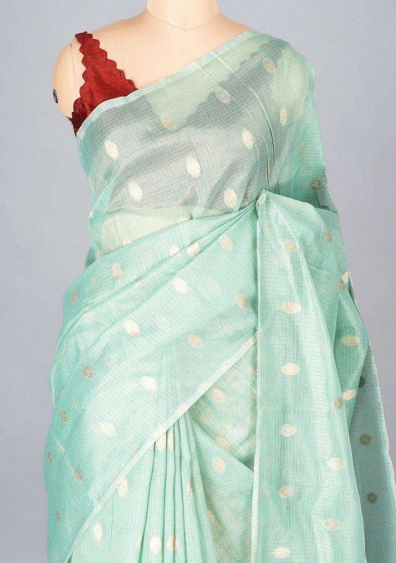 Turquoise Woven Synthetic Supernet Tissue Saree With Floral Motifs With Buttas And Brocade Design For Women - Indya