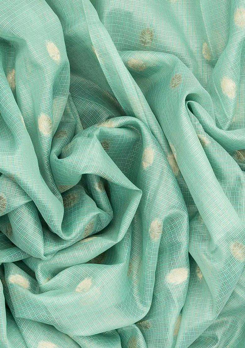 Turquoise Woven Synthetic Supernet Tissue Saree With Floral Motifs With Buttas And Brocade Design For Women - Indya