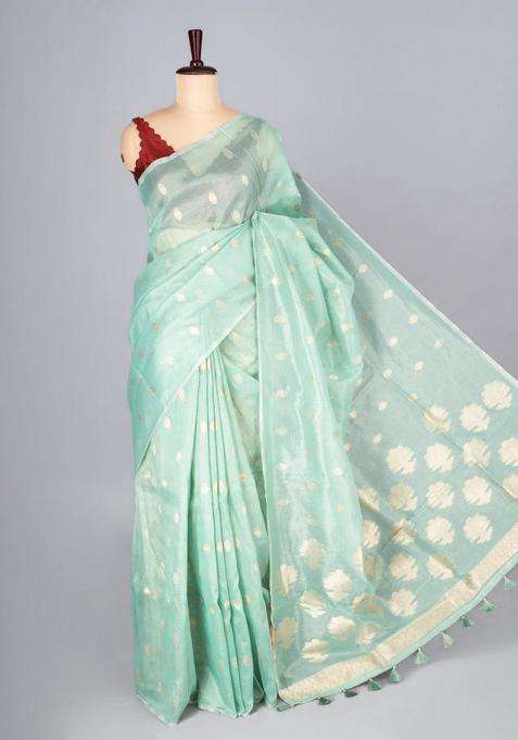Turquoise Woven Synthetic Supernet Tissue Saree With Floral Motifs With Buttas And Brocade Design For Women