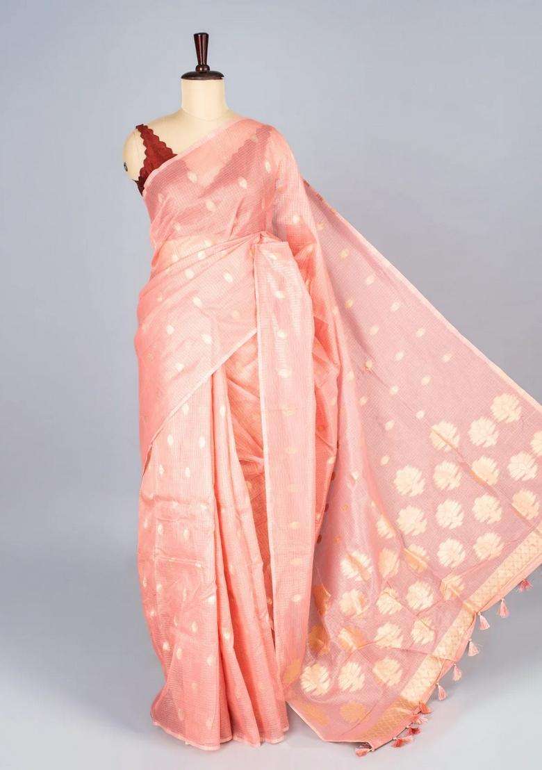 Peach Woven Synthetic Supernet Tissue Saree With Floral Motifs With Buttas And Brocade Design For Women - Indya