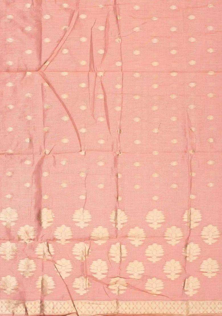 Peach Woven Synthetic Supernet Tissue Saree With Floral Motifs With Buttas And Brocade Design For Women - Indya