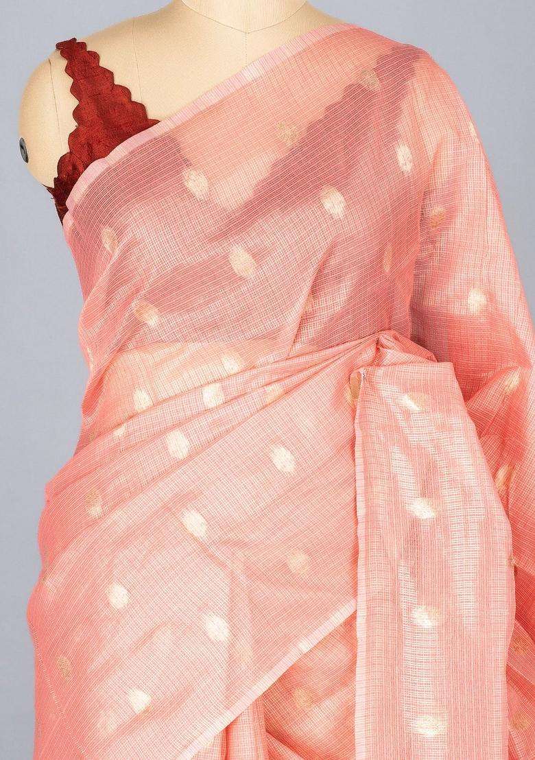 Peach Woven Synthetic Supernet Tissue Saree With Floral Motifs With Buttas And Brocade Design For Women - Indya