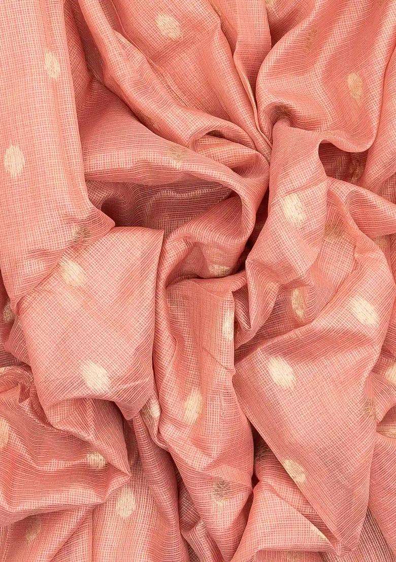 Peach Woven Synthetic Supernet Tissue Saree With Floral Motifs With Buttas And Brocade Design For Women - Indya