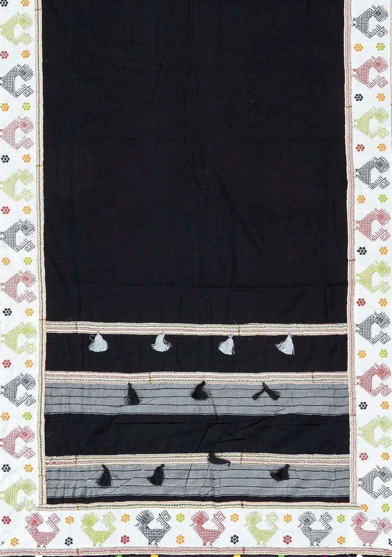 Black Woven Cotton Saree With Kasuti Hand Embroidered Border Pallu For Women - Indya