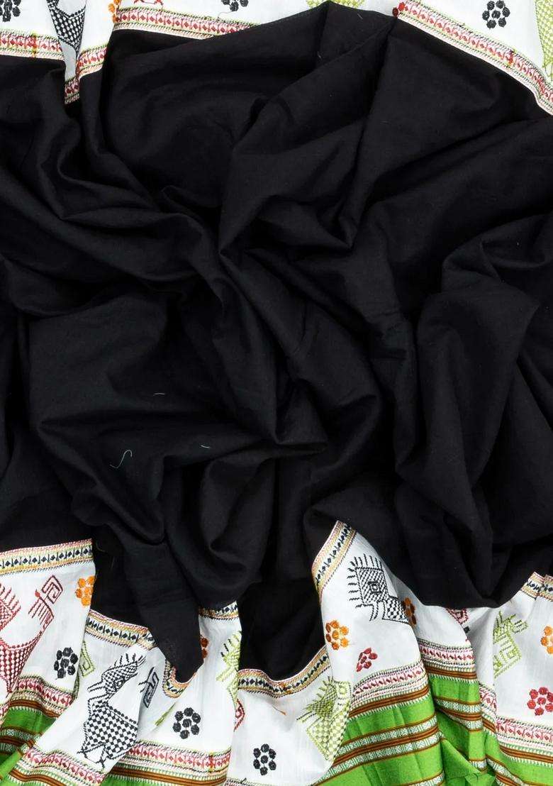 Black Woven Cotton Saree With Kasuti Hand Embroidered Border Pallu For Women - Indya