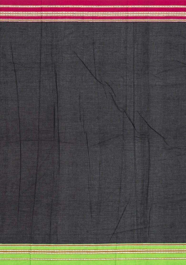 Black Woven Cotton Saree With Kasuti Hand Embroidered Border Pallu For Women - Indya