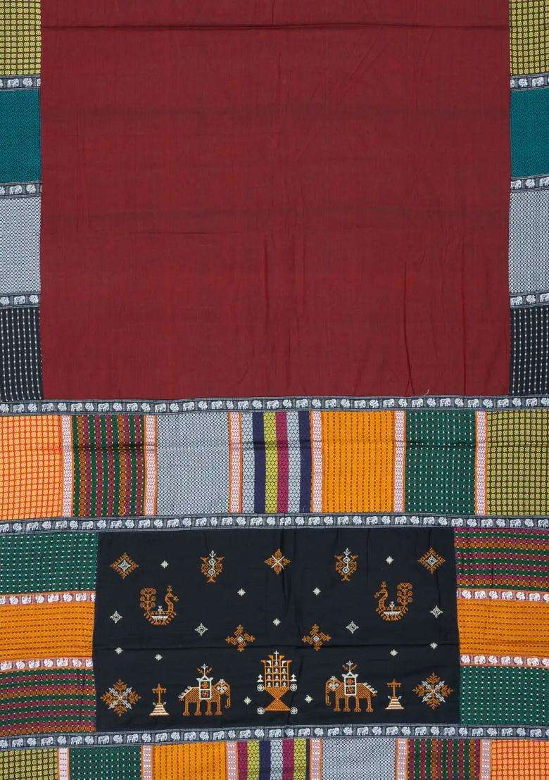 Brown Woven Cotton Saree With Kasuti Hand Embroidered Border Pallu For Women - Indya