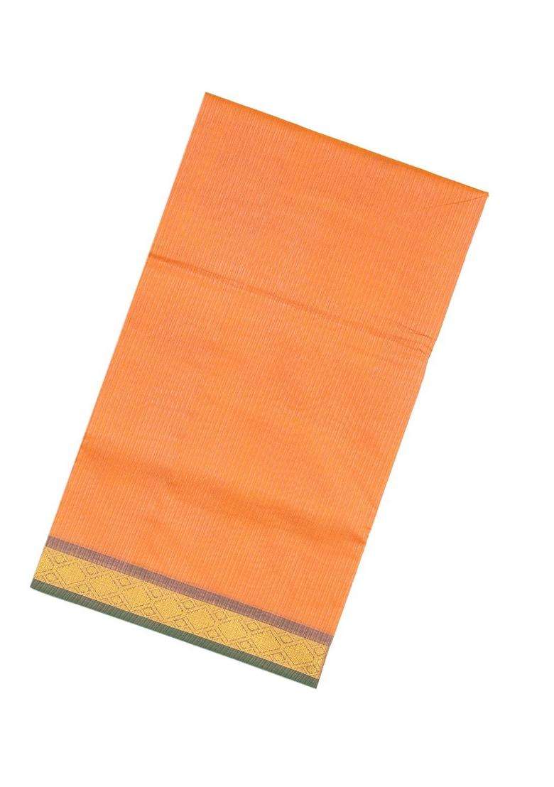 Peach Handloom Silk Cotton Saree With Stripes Contrast Pallu With Checks And Stripes Design For Women - Indya