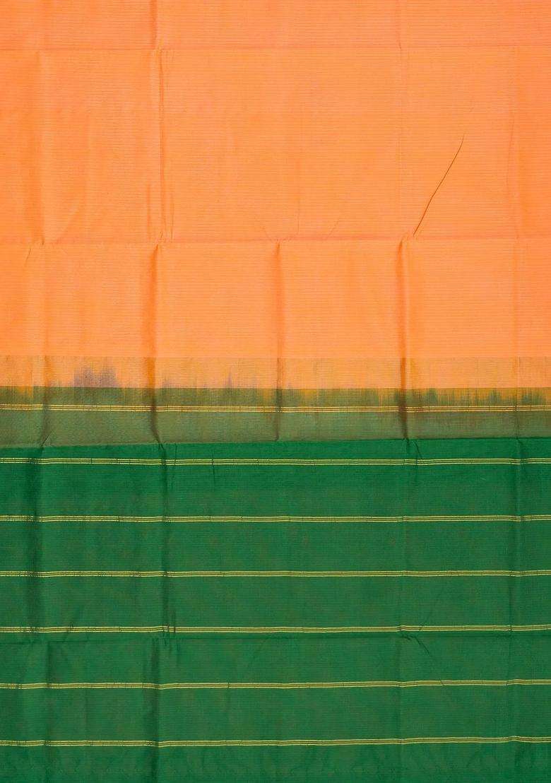Peach Handloom Silk Cotton Saree With Stripes Contrast Pallu With Checks And Stripes Design For Women - Indya