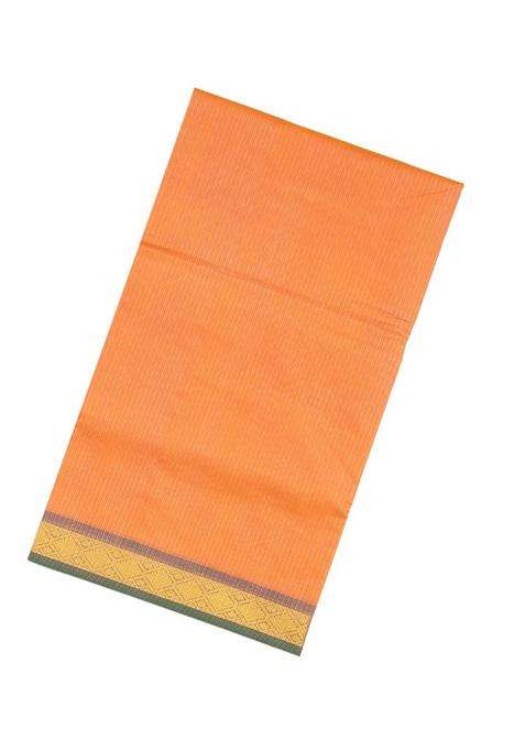Peach Handloom Silk Cotton Saree With Stripes Contrast Pallu With Checks And Stripes Design For Women