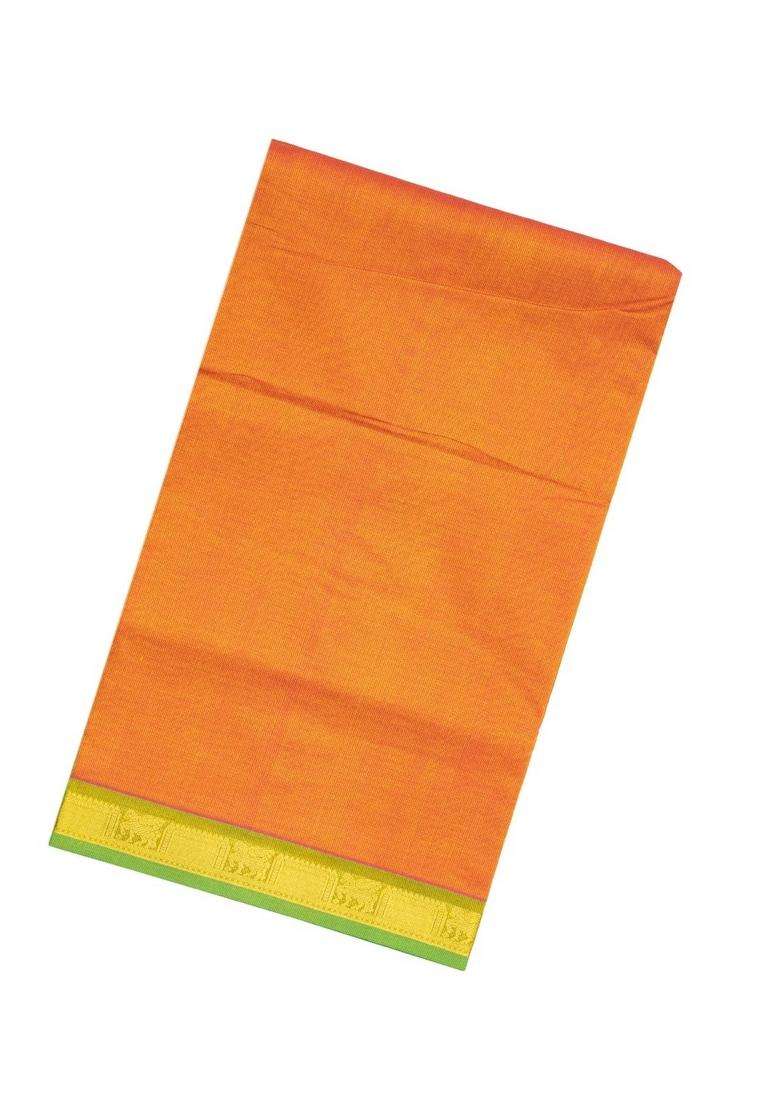 Orange Handloom Silk Cotton Saree With Stripes Contrast Border With Checks And Stripes Design For Women - Indya