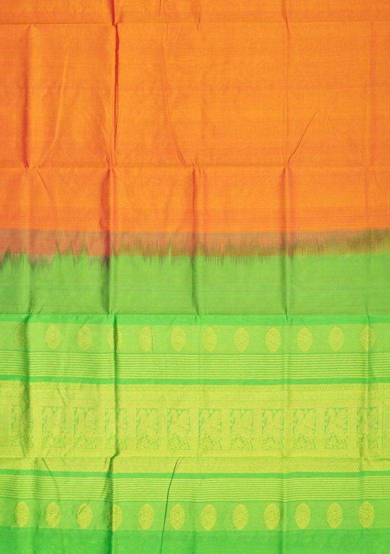 Orange Handloom Silk Cotton Saree With Stripes Contrast Border With Checks And Stripes Design For Women - Indya
