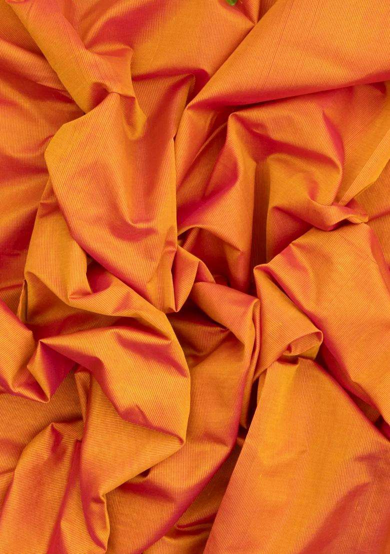 Orange Handloom Silk Cotton Saree With Stripes Contrast Border With Checks And Stripes Design For Women - Indya