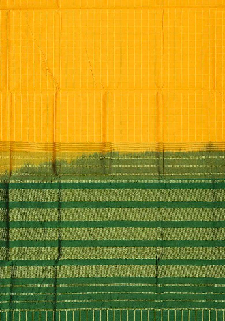Mustard Handloom Silk Cotton Saree With Zari Checks Contrast Pallu With Checks And Stripes Design For Women - Indya