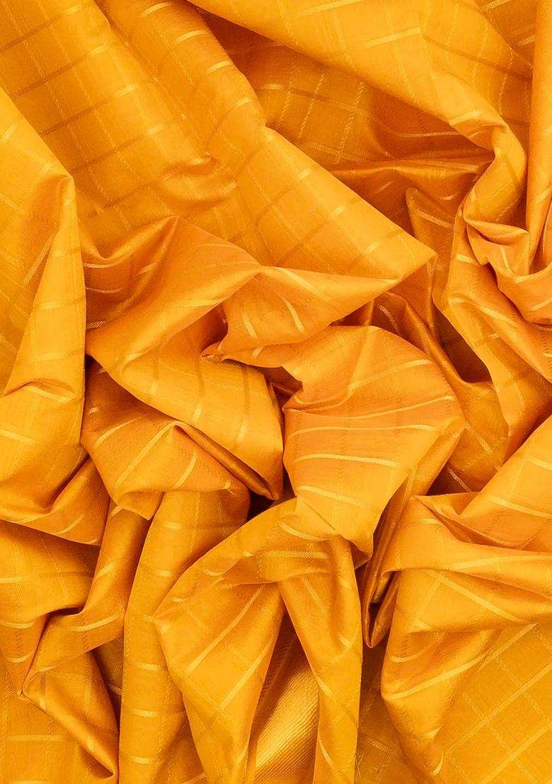 Mustard Handloom Silk Cotton Saree With Zari Checks Contrast Pallu With Checks And Stripes Design For Women - Indya