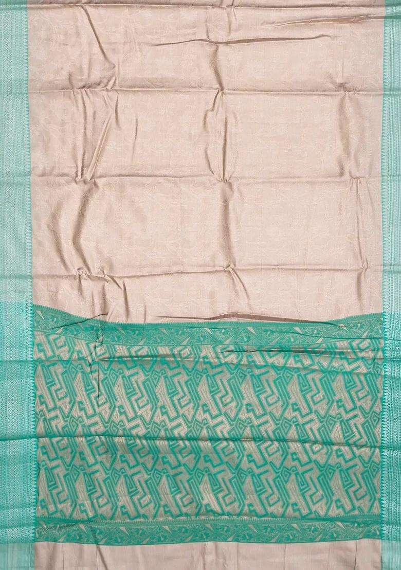 Aquamarine Woven Synthetic Tissue Saree With Floral Motifs Peach Border With Buttas And Brocade Design For Women - Indya