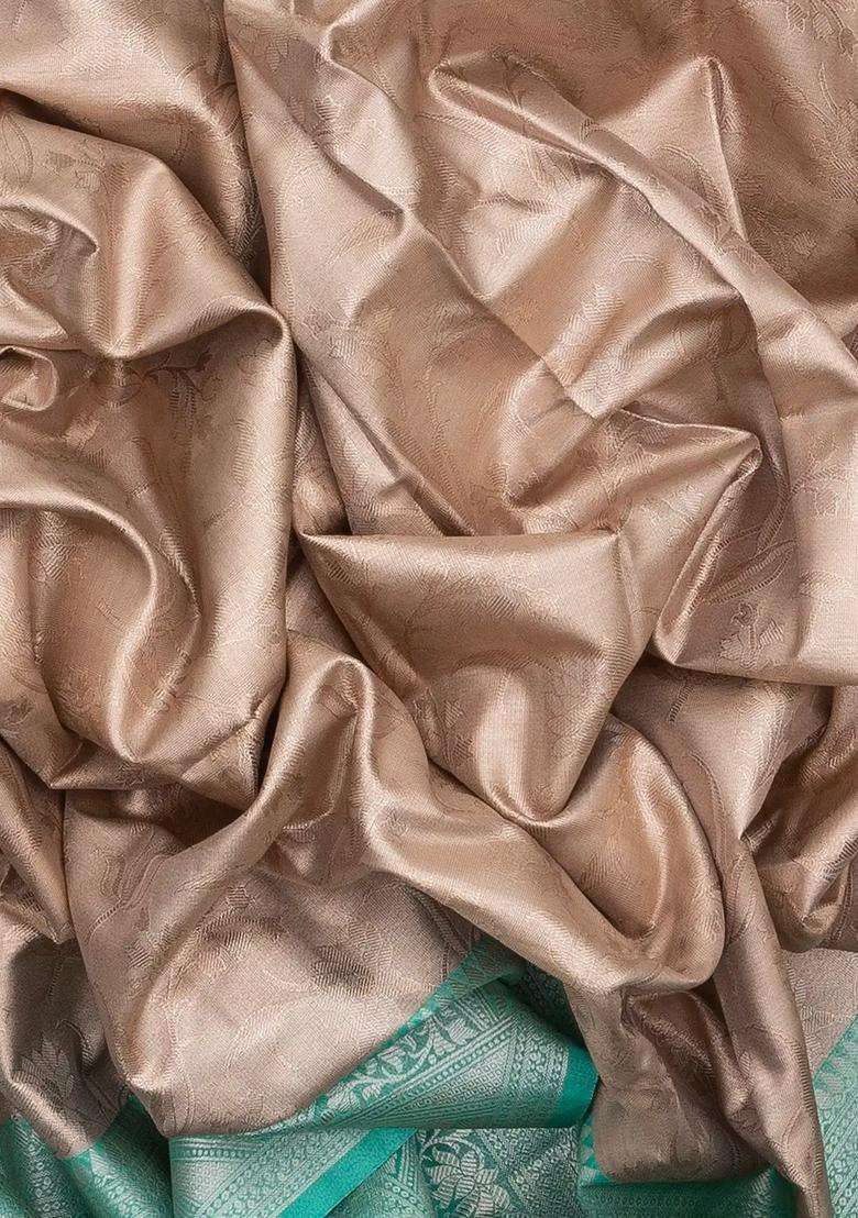 Aquamarine Woven Synthetic Tissue Saree With Floral Motifs Peach Border With Buttas And Brocade Design For Women - Indya