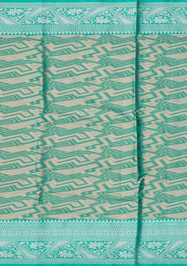 Aquamarine Woven Synthetic Tissue Saree With Floral Motifs Peach Border With Buttas And Brocade Design For Women - Indya