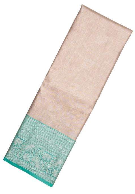 Aquamarine Woven Synthetic Tissue Saree With Floral Motifs Peach Border With Buttas And Brocade Design For Women