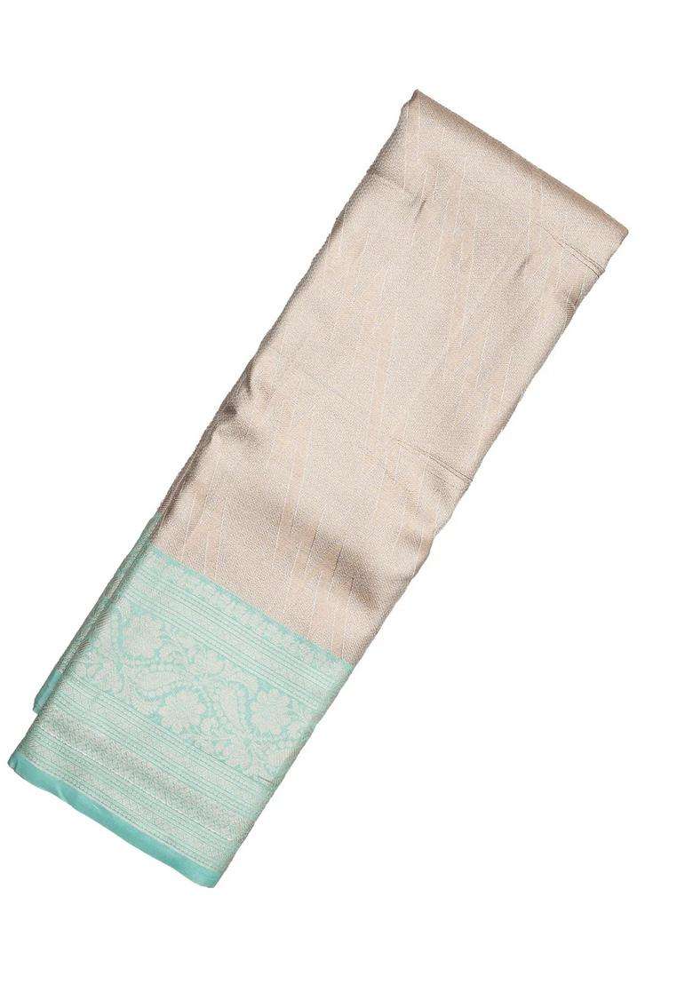 Taupe Woven Synthetic Tissue Saree With Floral Motifs Blue Border With Buttas And Brocade Design For Women - Indya