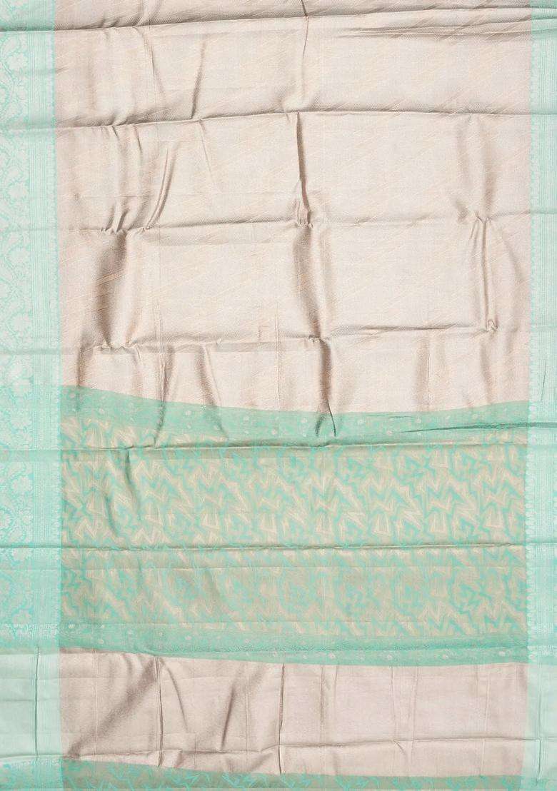 Taupe Woven Synthetic Tissue Saree With Floral Motifs Blue Border With Buttas And Brocade Design For Women - Indya