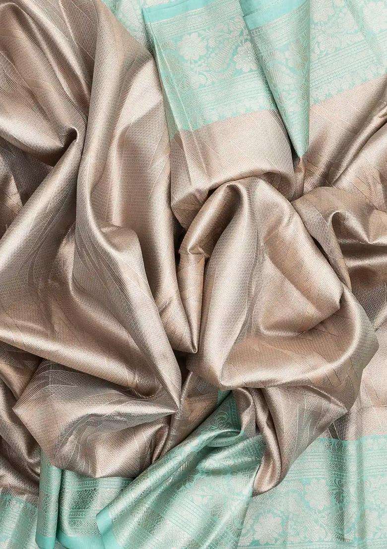 Taupe Woven Synthetic Tissue Saree With Floral Motifs Blue Border With Buttas And Brocade Design For Women - Indya