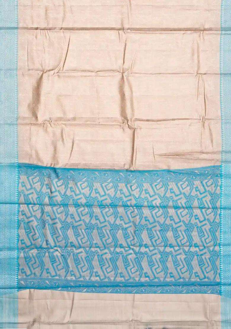 Taupe Woven Synthetic Tissue Saree With Floral Motifs Cyan Border With Buttas And Brocade Design For Women - Indya