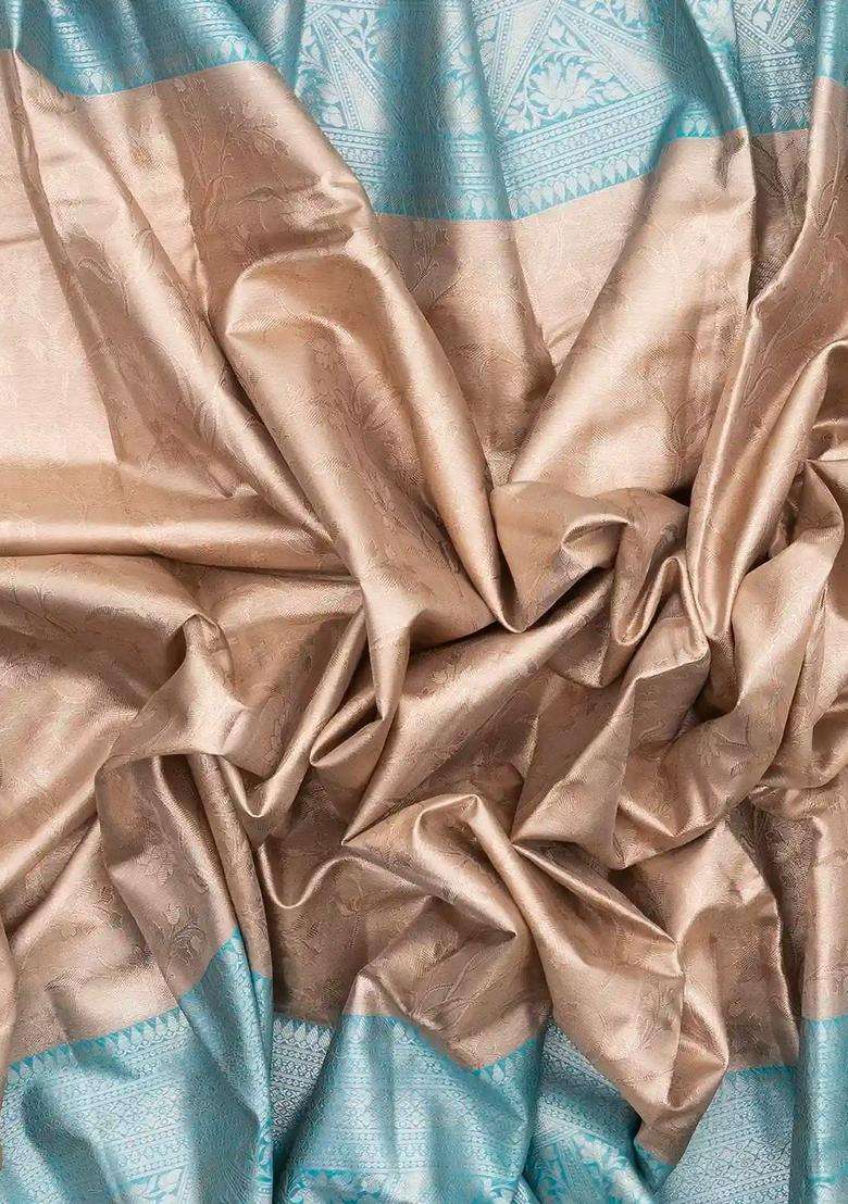 Taupe Woven Synthetic Tissue Saree With Floral Motifs Cyan Border With Buttas And Brocade Design For Women - Indya